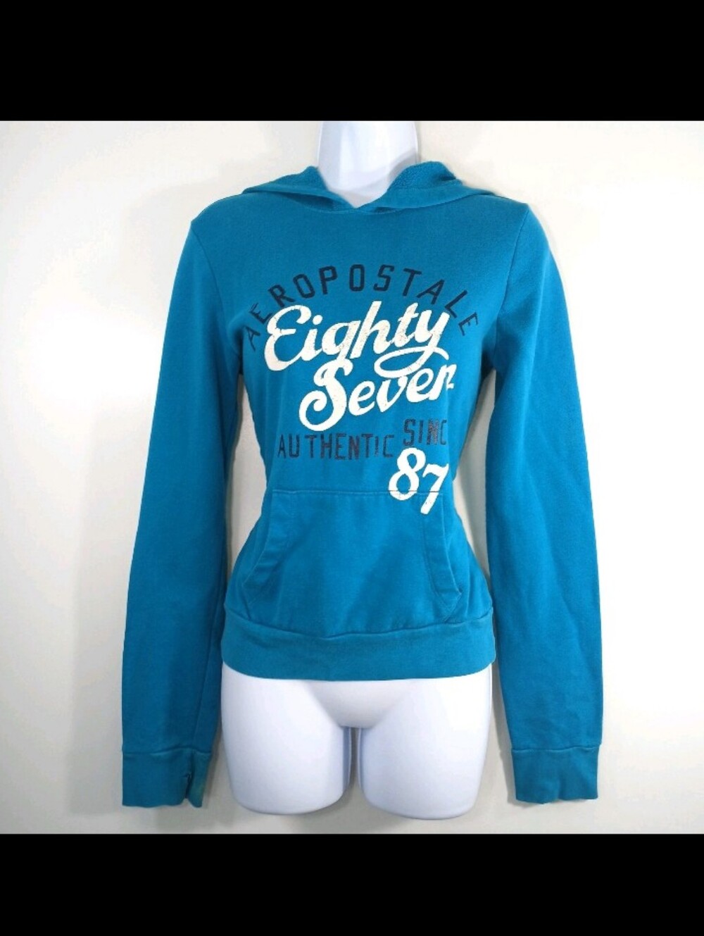 Y2K Aeropostale Teal Blue 'Eighty Seven' Hooded Pullover